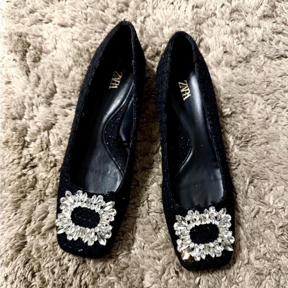 Square toe embellished fabric ballet flats Zara 37 - Picture 2 of 6